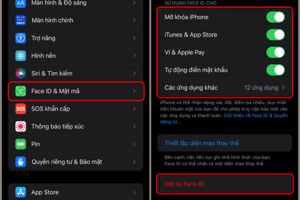 Chọn mục Face ID & Mật mã trong Cài đặt 